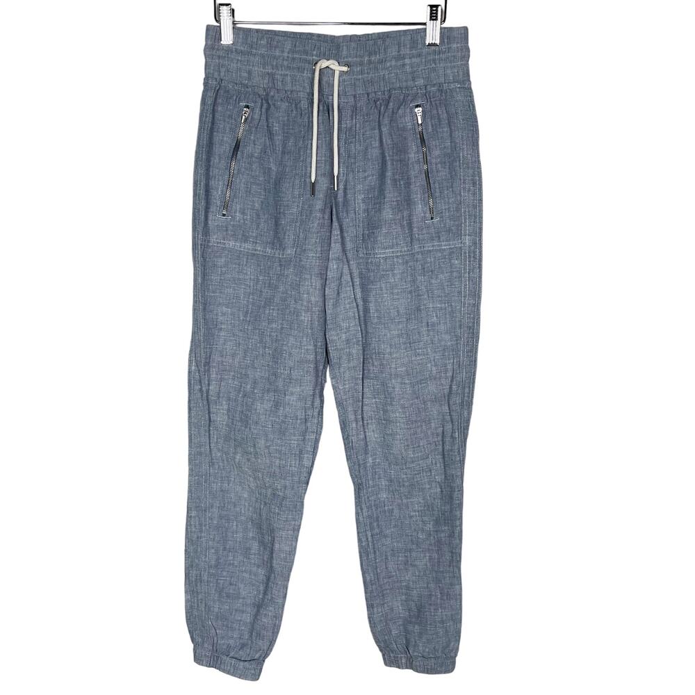 Athleta Size 0 Blue Cabo Linen Jogger Pants Chambray Drawcord Waist Zip Pockets